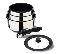 BERGNER Click & Cook | Set di padelle 16, 18 e 20 cm + manico rimovibile e coperchio universale | acciaio inossidabile e rivestimento antiaderente | Per tutti i tipi di fornelli e forno