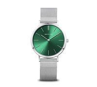 BERING 14134-008 Orologio da donna al quarzo, orologio da polso con cassa in acciaio inossidabile color argento da 34 mm e quadrante verde, cinturino in maglia milanese, vetro zaffiro, 3 ATM