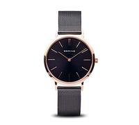 BERING 14134-166 Orologio da donna al quarzo, orologio da polso con cassa in acciaio inossidabile color oro rosa da 34 mm e quadrante nero, cinturino in maglia milanese, vetro zaffiro, 3 ATM