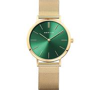 BERING 14134-338 Orologio da donna al quarzo, orologio da polso con cassa in acciaio inossidabile color oro da 34 mm e quadrante verde, cinturino in maglia milanese, vetro zaffiro, 3 ATM