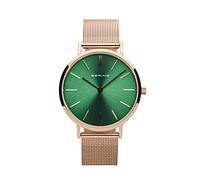 BERING 14134-368 Orologio da donna al quarzo, orologio da polso con cassa in acciaio inossidabile color oro rosa da 34 mm e quadrante verde, cinturino in maglia milanese, vetro zaffiro, 3 ATM