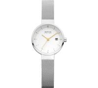 BERING 14426-001 Reloj solar para mujer con caja de acero inoxidable plateado de 26 mm y esfera blanca, correa milanesa, cristal de zafiro y resistencia al agua de 5 ATM, 13940-504