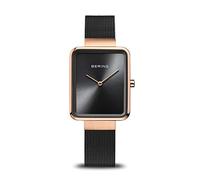 BERING 14528-166 Orologio da donna al quarzo, orologio da polso con cassa in acciaio inossidabile color oro rosa da 28 mm e quadrante nero, cinturino in maglia milanese, vetro zaffiro, 3 ATM