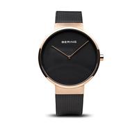 BERING 14539-166 Orologio unisex al quarzo, orologio da polso con cassa in acciaio inossidabile color oro rosa da 39 mm e quadrante nero, cinturino in maglia milanese, vetro zaffiro, 5 ATM