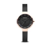 BERING 14631-166 Reloj solar para mujer con caja de acero inoxidable de 31 mm con acabado en oro rosa y esfera negra, correa milanesa, cristal de zafiro y resistencia al agua de 5 ATM, 13940-507