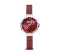BERING Solar 14627-303 Orologio da polso da donna, cassa in acciaio inossidabile color argento da 27 mm e quadrante rosso, cinturino in maglia milanese, vetro zaffiro, 5 ATM