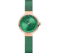 BERING Solar 14627-Charity Orologio da polso da donna, cassa in acciaio inossidabile color oro rosa da 27 mm e quadrante verde, cinturino in maglia milanese, vetro zaffiro, 5 ATM