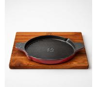 Berkel Bistecchiera rossa con base in legno di quercia, 40 x 25 cm, padella da portata, padella per barbecue, padella in ghisa con tagliere in legno, accessorio da cucina di alta qualità per carne