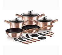 Berlinger Haus Rose Gold - Batteria da cucina a induzione, senza PFOA, in alluminio, 3 casseruole, 3 coperchi in vetro, 2 padelle, 3 coltelli, 4 utensili, 2 sottopentola, oro rosa