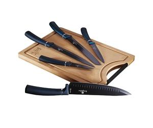BerlingerHaus BH-2553, Aquamarine Set di 5 Coltelli da Cucina Professionali, Tagliere in Bambù, Lama in Acciaio Inossidabile, Rivestimento Antiaderente, Pane, Affettare, Design Metallic Line