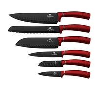 BerlingerHaus Burgundy Set 6 Coltelli da Cucina Professionali, Lama Acciaio Inossidabile, Rivestimento Antiaderente, Coltello da Cuoco, Pane, Santoku, Manico Ergonomico, Design Metallic Line(BH-2542)