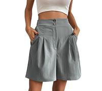 Bermuda cargo da donna a vita alta, elastico in vita, gamba larga, pantaloni da salotto con tasche, morbidi, stile casual, vintage, estivi, vacanze, vestibilità comoda, da lavoro da casa, Grigio, S