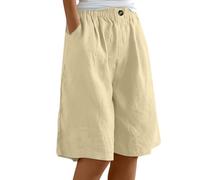 Bermuda Cotone Donna Estivi al Ginocchio Pantaloncini Lino Donna Leggeri Pantaloni Corti Eleganti Curvy Elastico in Vita Shorts Gamba Larga Baggy Pantaloncini Larghi Spiaggia Taglie Forti per Sportivi