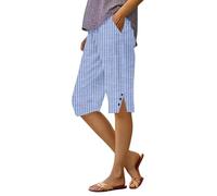 Bermuda da donna elasticizzati a vita alta, gamba dritta, a righe, lunghezza al ginocchio, casual, vestibilità ampia, orlo diviso, da lavoro per il fine settimana, corto, spiaggia, vacanze, con tasche