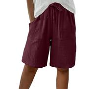 Bermuda da donna in cotone e lino, tinta unita, con coulisse, lunghezza al ginocchio, elasticizzati, a vita alta, con tasche, gamba larga, estivi, casual, da spiaggia, leggeri, traspiranti, pantaloni