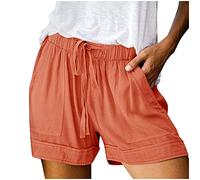 Bermuda da donna, lunghezza al ginocchio, in lino, estivi, a vita alta, con elastico, taglie grandi, leggeri, in lino, da spiaggia, Colore: arancione., XXXXXL