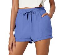 Bermuda Lino Donna, Pantaloncini Estivi Donna in Lino a Vita Alta Casual, Gamba Larga Shorts Eleganti con Vita Elasticizzata da Spiaggia Fluenti Shorts Lino Donna per Il Spiaggia