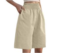 Bermuda Pantaloncini da donna, casual, in lino, elasticizzati, a vita alta, a gamba larga, per il tempo libero, alla moda, per la spiaggia, corti, leggeri e ariosi, lunghi al ginocchio, in lino