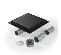 Bernkot Canalina per doccia quadrata, 20 x 20 cm, sifone a 360° con antiodore e filtro per capelli 2 in 1, piastrellabile, in acciaio inox, scarico a pavimento, molto piatto, DN50 DN40, nero