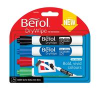 Berol Dry Wipe Whiteboard Marker Pens Bullet Tip Black, Blue, Red & Green
