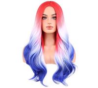 BERON 4 luglio parrucche ondulate lunghe per donne ragazze rosso bianco e blu naturale ricci parrucca bandiera resistente al calore parrucca sintetica per cosplay feste costume