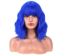 BERON Parrucca da donna blu corta e ondulata a caschetto con frangia, parrucca sintetica da 30,5 cm, per cosplay o uso quotidiano