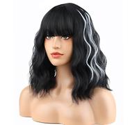 BERON Parrucca riccia nera da 35,5 cm, con strisce bianche, parrucca per costume con frangia, parrucca nera e bianca per Halloween, cosplay