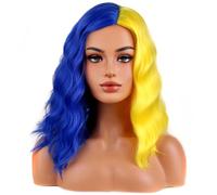 BERON Parrucche ondulate corte gialle e blu per donne e ragazze, lunghezza alle spalle, ondulate ricce, due tonalità, resistenti al calore, sintetiche, per Halloween, cosplay, feste quotidiane
