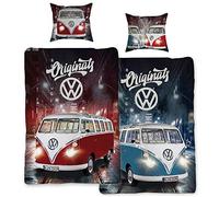 BERONAGE Biancheria da letto per VW Volkswagen Bulli Originals rosso/blu, 135 cm x 200 cm + 80 cm x 80 cm VW Bus T1 100% cotone linon/Renforcé Retro Camper Van 2 motivi double-face con chiusura lampo