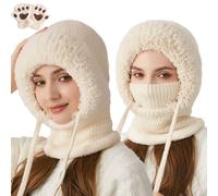 Berretto 3 in 1 con sciarpa e maschera, sciarpa antivento da esterno per donne, calda sciarpa invernale in pile con maschera facciale integrale balaclava, Beige, Taglia unica