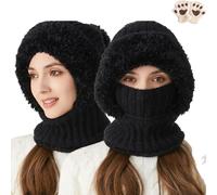 Berretto 3 in 1 con sciarpa e maschera, sciarpa antivento da esterno per donne, calda sciarpa invernale in pile con maschera facciale integrale balaclava, Nero , Taglia unica