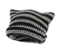Berretto a righe con orecchie di gatto morbido da donna, berretto elastico vintage Y2k Gothic Knitted Kawaii invernale fatto a mano