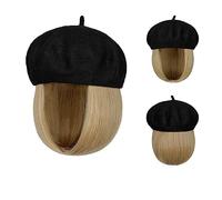 Berretto con Extension per Capelli da Donna Bob Hat Wig 9,5 pollici dritto corto sintetico Bobo parrucche cappello con capelli naturali Parrucca da Cappello per Donna(10)