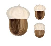 Berretto con Extension per Capelli da Donna Bob Hat Wig 9,5 pollici dritto corto sintetico Bobo parrucche cappello con capelli naturali Parrucca da Cappello per Donna(15)