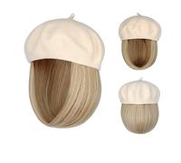 Berretto con Extension per Capelli da Donna Bob Hat Wig 9,5 pollici dritto corto sintetico Bobo parrucche cappello con capelli naturali Parrucca da Cappello per Donna(11)