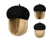 Berretto con Extension per Capelli da Donna Bob Hat Wig 9,5 pollici dritto corto sintetico Bobo parrucche cappello con capelli naturali Parrucca da Cappello per Donna(1)