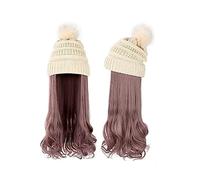 Berretto con Extension per Capelli da Donna Cappello Capelli ricci ondulati lunghi Parrucca sintetica da donna Cappellino lavorato a maglia staccabile caldo invernale Parrucca marrone dorato da 22 pol