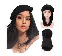 Berretto con Extension per Capelli da Donna Parrucca Cappello da donna Parrucca Parrucca sintetica diritta corta Estensioni di capelli neri 16 pollici Capelli lisci for donna Parrucca da Cappello per