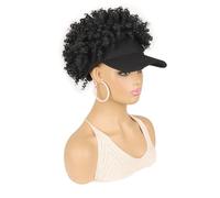 Berretto da baseball con capelli corti afro crespi attaccati, parrucca sintetica con estensione coda di cavallo riccia for donna(Black)