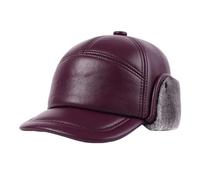 Berretto da Baseball Invernale in Pelle da Uomo con paraorecchie, Cappello Termico Caldo e Piatto, Cappello da Cacciatore Militare Adatto a Persone di Mezza età e anziane,Wine Red,XL