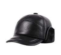 Berretto da Baseball Invernale in Pelle da Uomo con paraorecchie, Cappello Termico Caldo e Piatto, Cappello da Cacciatore Militare Adatto a Persone di Mezza età e anziane,Nero,L