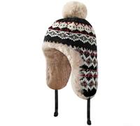 Berretto da donna in stile etnico lavorato a maglia con paraorecchie foderato in pile, cappello invernale caldo spesso, traspirante, elastico, taglia unica per il freddo all'aperto, nero (rosso)
