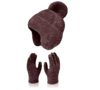 Berretto da piscina per bambini Warm Cute Wool Hat Scarf Gloves Three Pieces Winter Knit Cap Screen Mittens Scarves Set da uomo con bordo largo, marrone, Taglia Unica