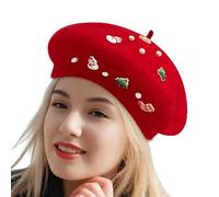 Berretto francese, berretto invernale, cappello da pittore natalizio vintage, in lana, elegante, morbido e caldo, per costume di Natale, copricapo invernale per donne e ragazze, Rosso, 1
