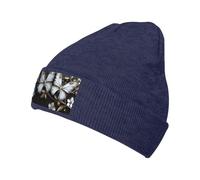 Berretto invernale con due farfalle e fiori, per uomo e donna, caldo, lavorato a maglia, con risvolto in acrilico, blu navy