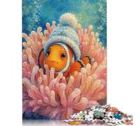 Berretto invernale con pesce pagliaccio Puzzle in Legno 1000 Pezzi | Arte dell'oceano tropicale, Design acquatico giocoso, Gioco Puzzle, Regalo per Adulti, Puzzle in Legno, 14+, 70x50cm.