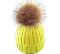 Berretto invernale da donna a costine con pelliccia sintetica staccabile e spessa pompon per l'inverno, per viaggi, escursionismo, campeggio, pesca, sci, unisex Giallo Taglia unica