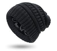 Berretto invernale da donna, foderato in raso, lavorato a maglia, con fodera in seta, cappello spesso e grosso con teschio (nero, L, morbido)