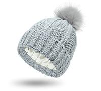 Berretto invernale da donna foderato in raso, lavorato a maglia, con fodera in seta, cappello spesso e grosso con teschio, Pom-grigio chiaro, Taglia unica