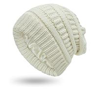 Berretto invernale da donna foderato in raso, lavorato a maglia, con fodera in seta, cappello spesso e grosso con teschio, Large-slouchy-bianco, Taglia unica